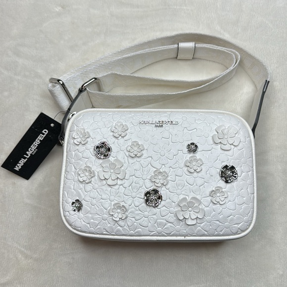Karl Lagerfeld Paris Maybelle Crossbody Purse with Floral Pins in Winter White - Picture 7 of 12